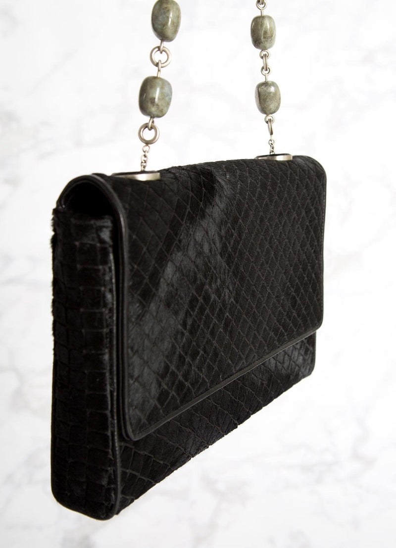 Black Embossed Haircalf Chain & Jewel Shoulder Bag, side view - Darby Scott