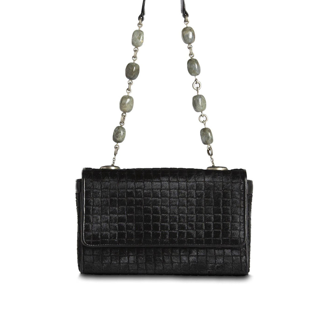 Black Embossed Haircalf Chain & Jewel mini Shoulder Bag - Darby Scott