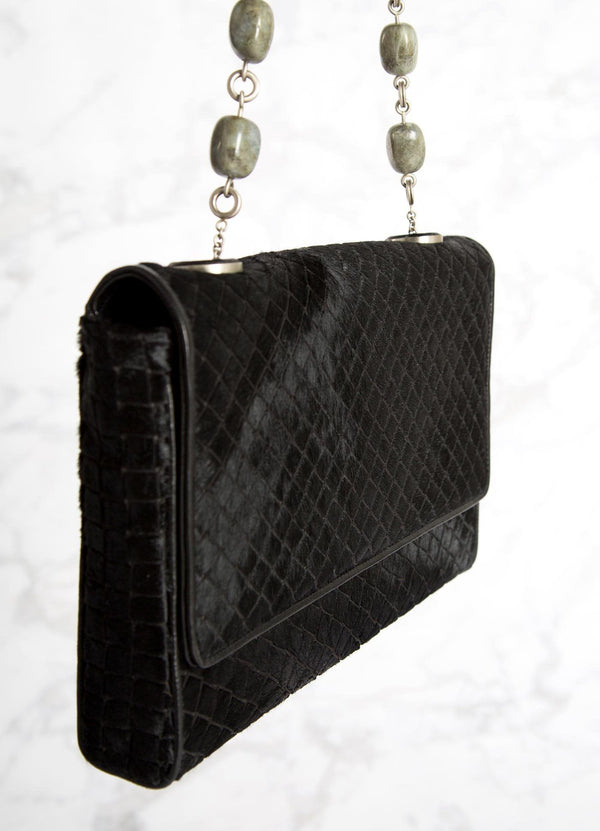 Black Embossed Haircalf Shoulder Bag with linked labradorite gemstones, side view - Darby Scott