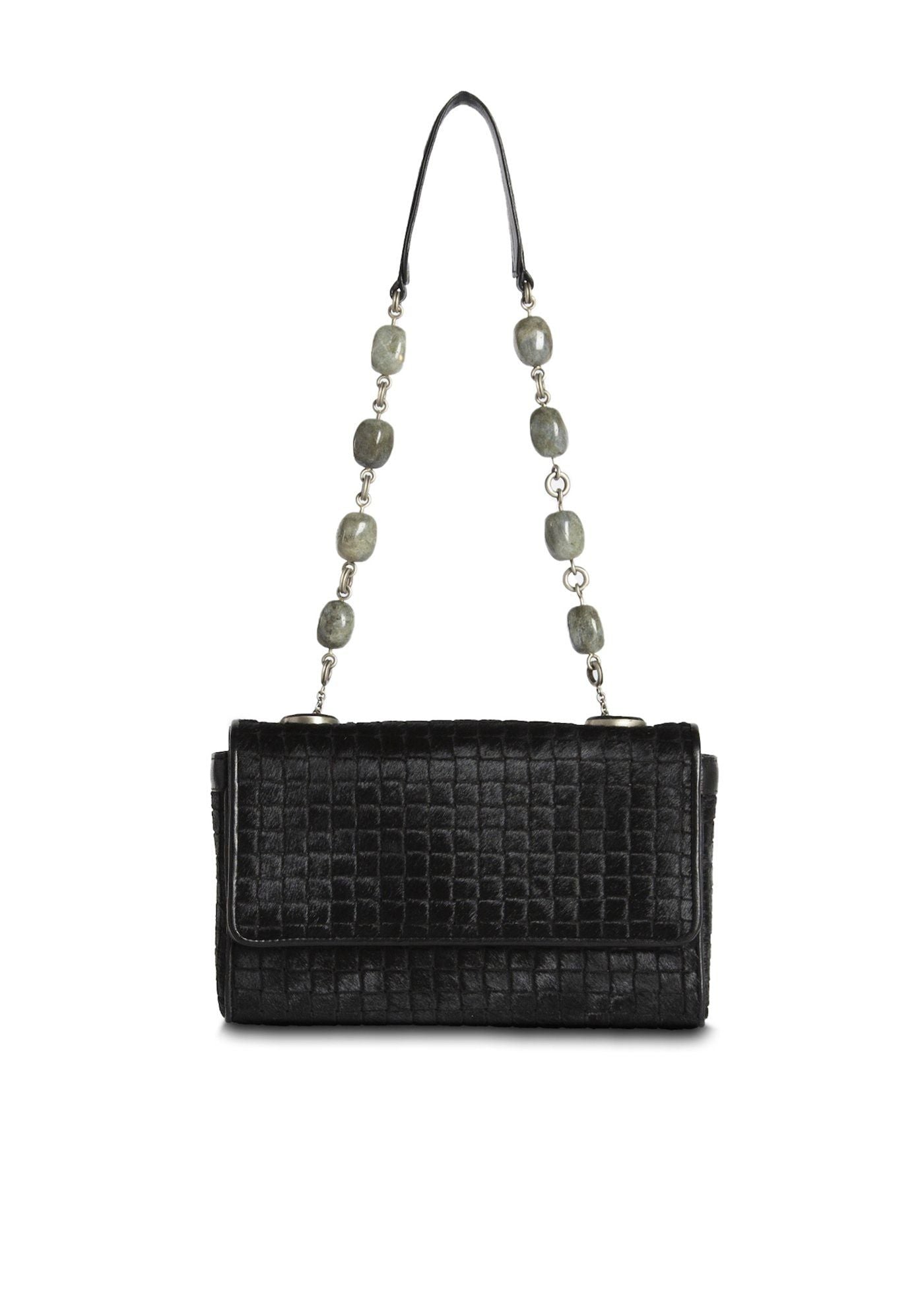 Black Embossed Haircalf Chain & Jewel mini Shoulder Bag - Darby Scott