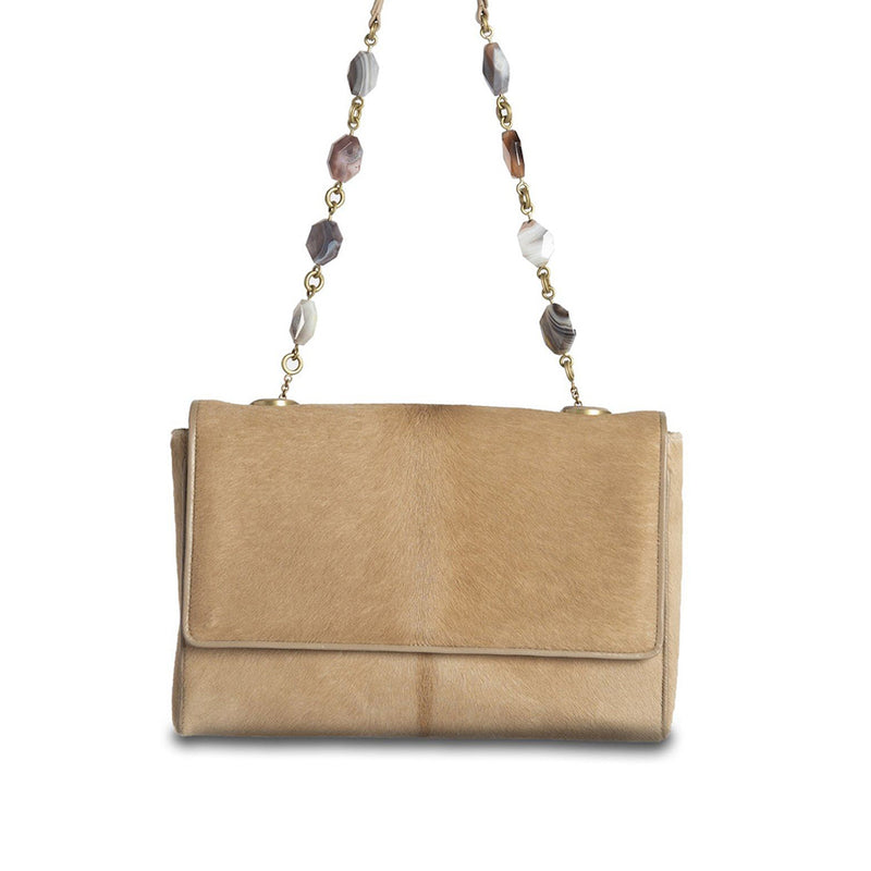 Tan Haircalf Chain & Jewel Shoulder Bag, front view - Darby Scott