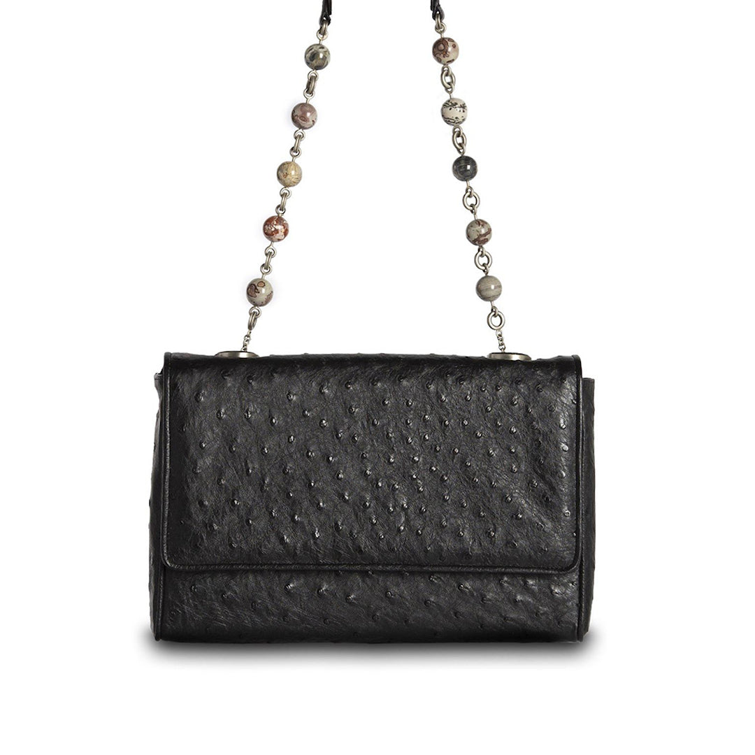 Black Ostrich Jasper Bead Chain & Jewel Shoulder Bag - Darby Scott