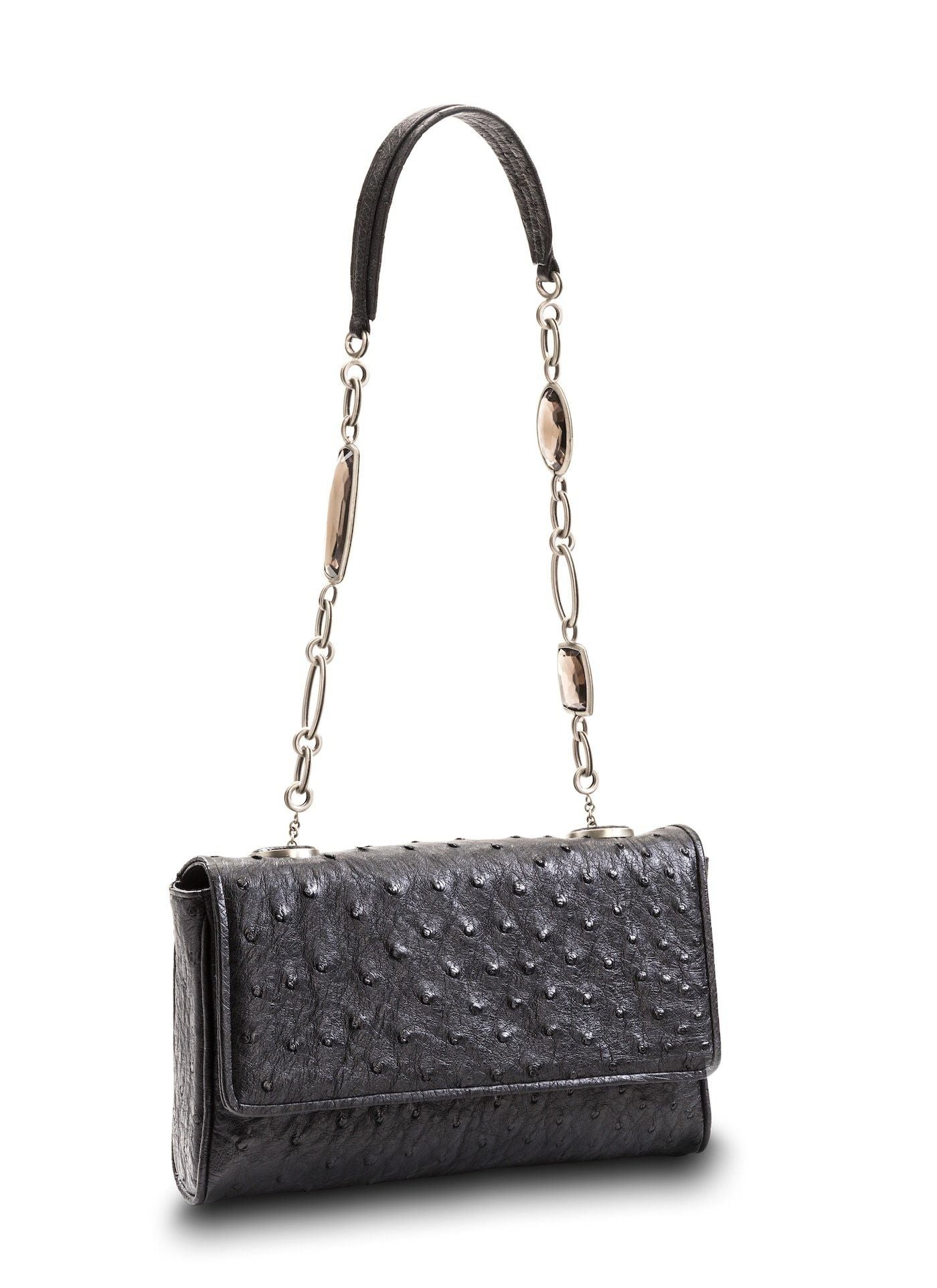 Black Ostrich Shoulder Bag with Linked smokey topaz Handle - Darby Scott