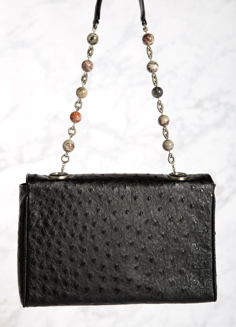 Black Shoulder Bag with linked jasper bead handle, back view - Darby Scott