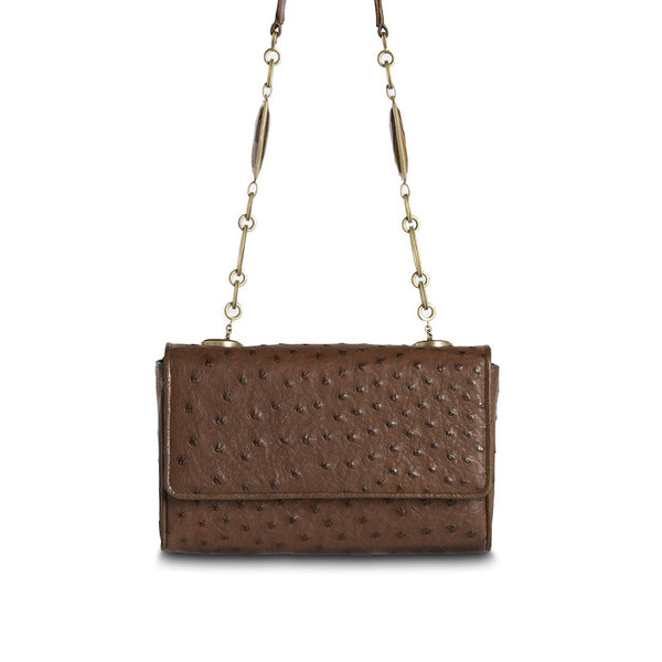 Brown Ostrich Chain & Jewel Mini Shoulder Bag - Darby Scott 