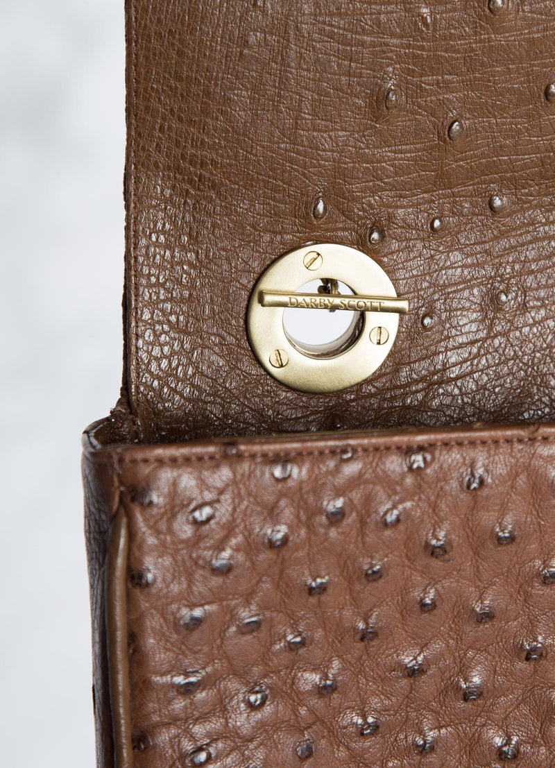 Interior view of handle toggle on Brown Ostrich Shoulder Bag - Darby Scott 