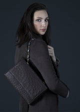 Model with brown ostrich Chain & Jewel Shoulder Bag on her shoulder - Darby Scott