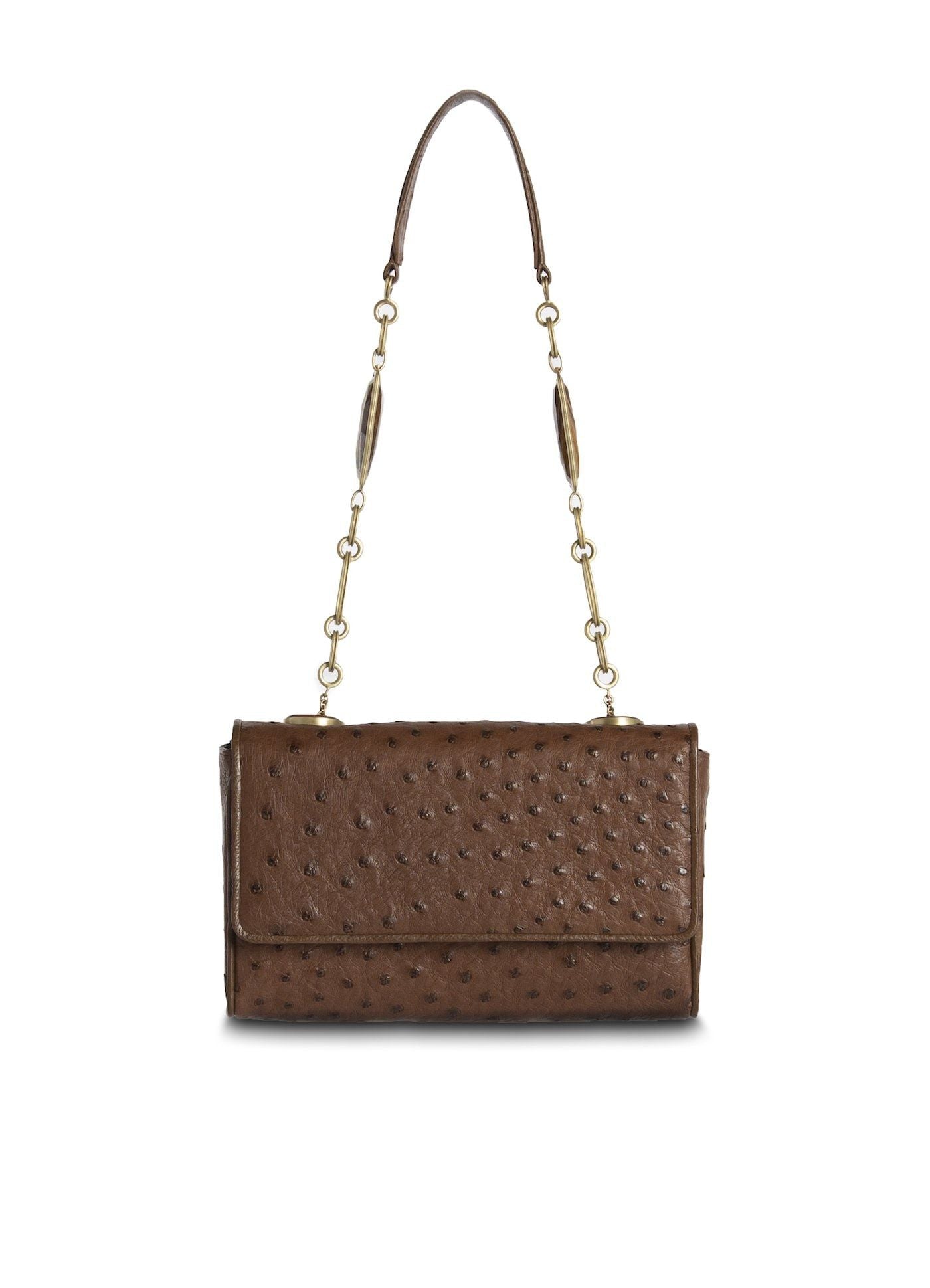 Brown Ostrich Chain & Jewel Mini Shoulder Bag - Darby Scott 