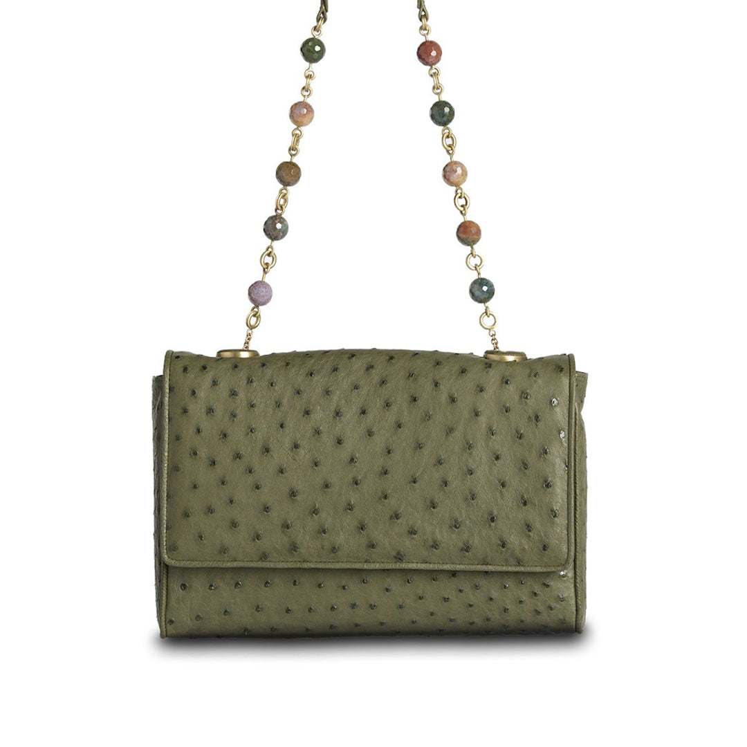 Olive Ostrich Chain & Jewel Shoulder Bag - Darby Scott