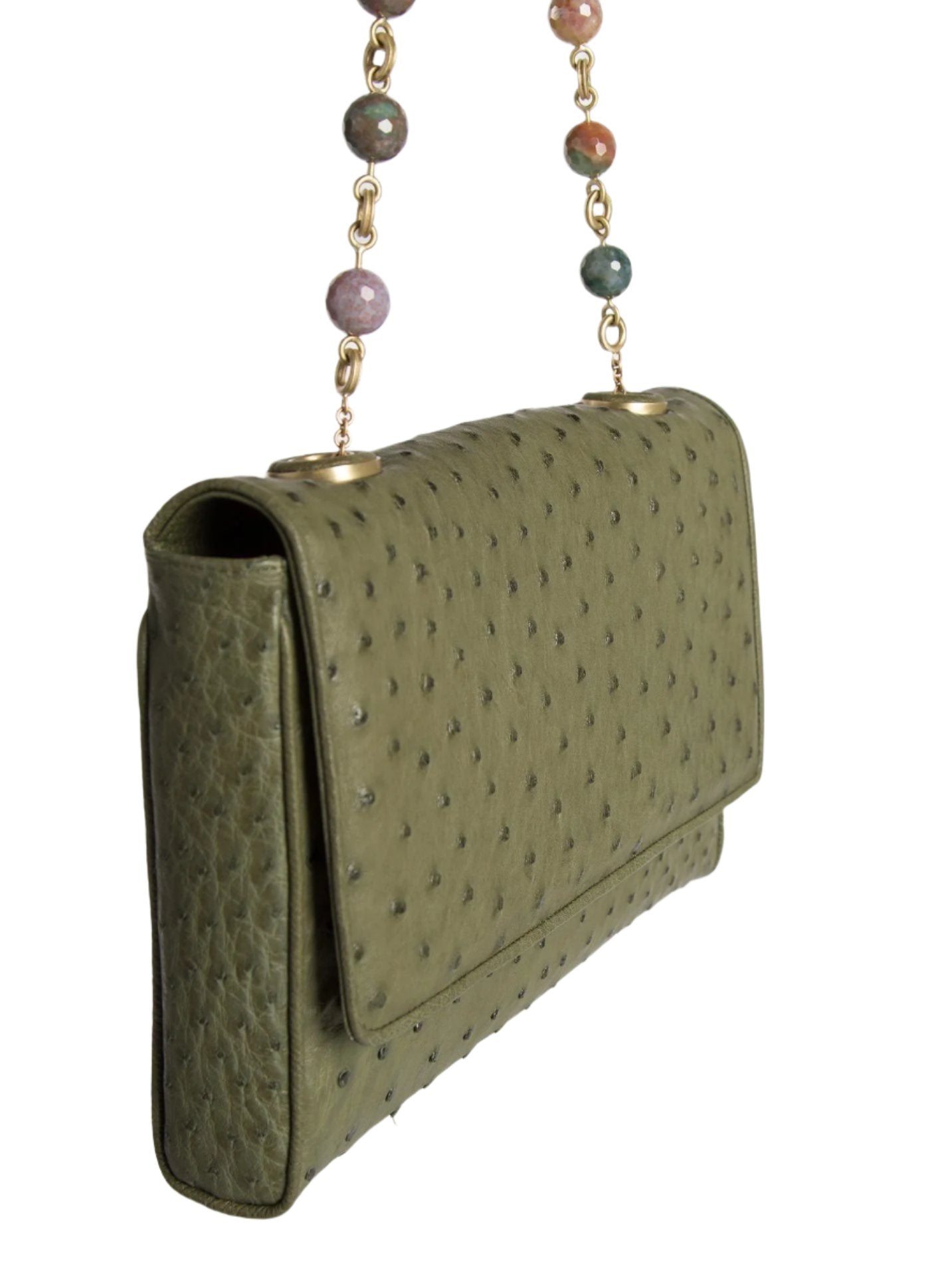 Olive Shoulder Bag with linked jasper bead handle, side view - Darby Scott