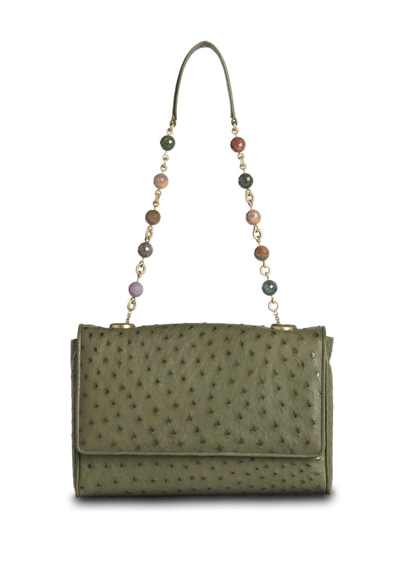 Olive Ostrich Chain & Jewel Shoulder Bag - Darby Scott