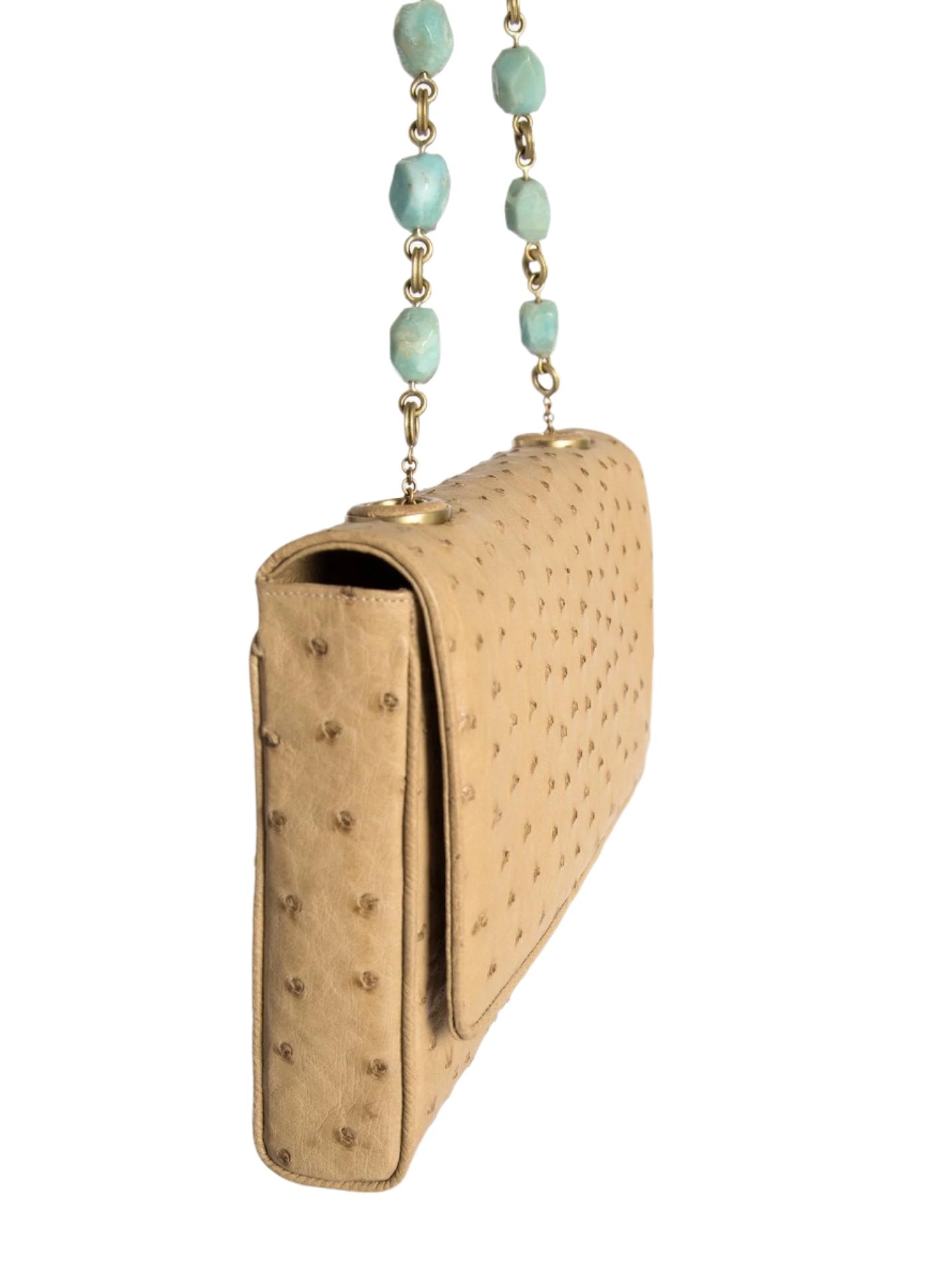 Tan Ostrich  Shoulder Bag with linked amazonite beads and leather, side view - Darby Scott