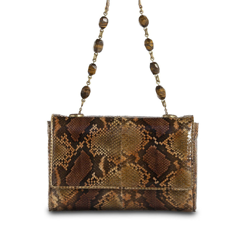 Cognac Brown Chain & Jewel Shoulder Bag with Tiger Eye Bead Handle - Darby Scott