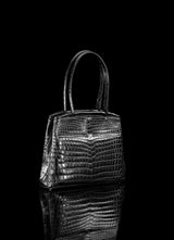 Angled view of Black Niloticus Crocodile Crawford Tote  - Darby Scott