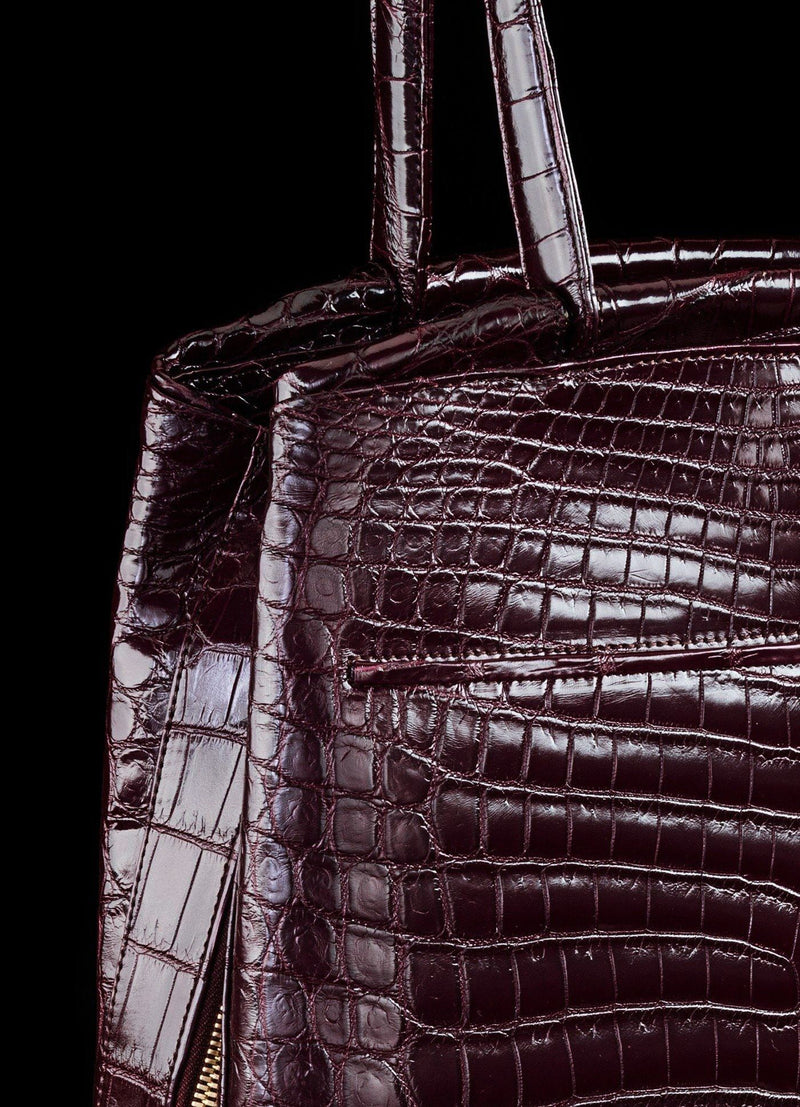 Detail view of Bordeaux Niloticus Crocodile on Crawford Tote - Darby Scott