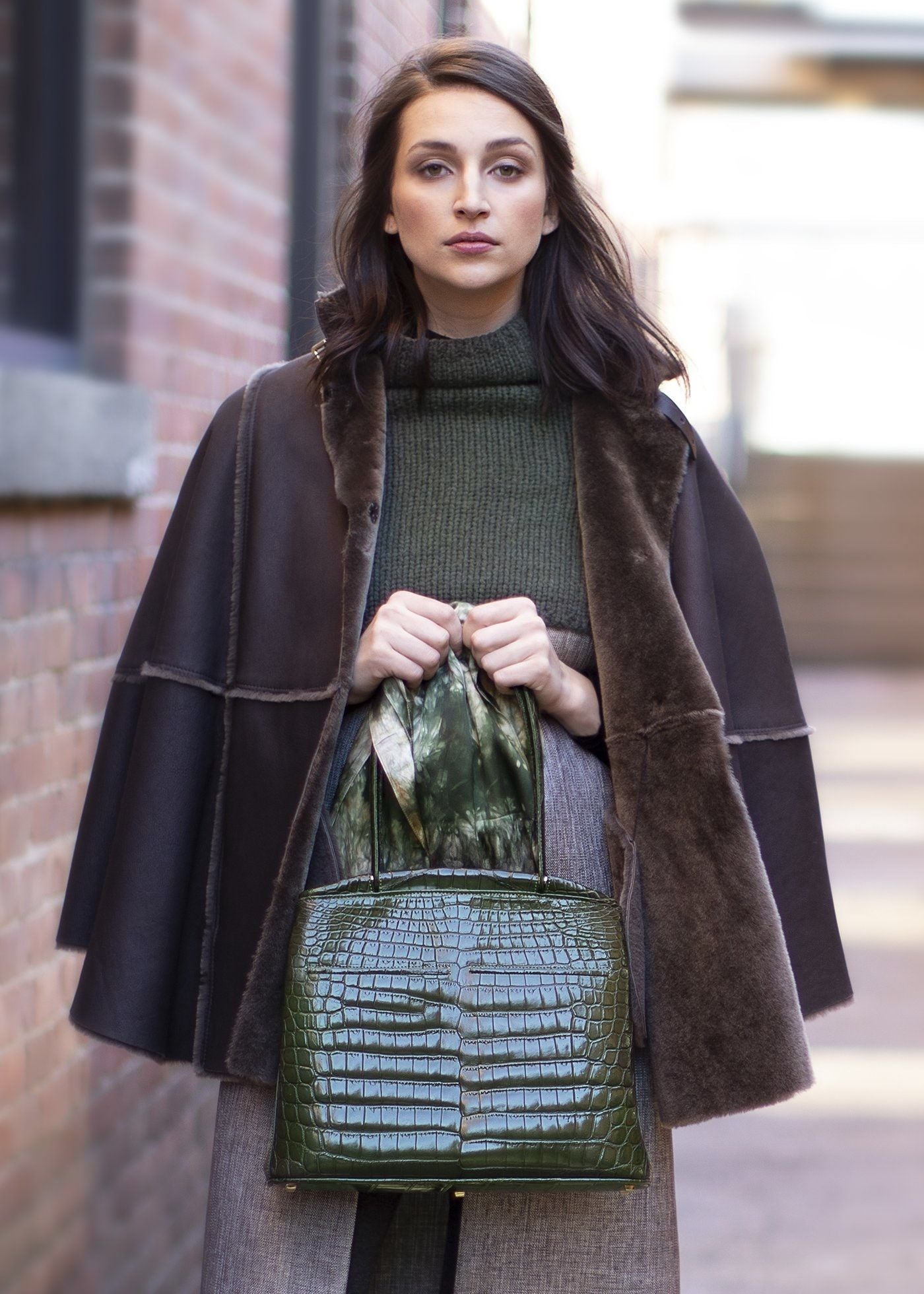 Model with Dark Green Niloticus Crocodile Crawford Tote - Darby Scott