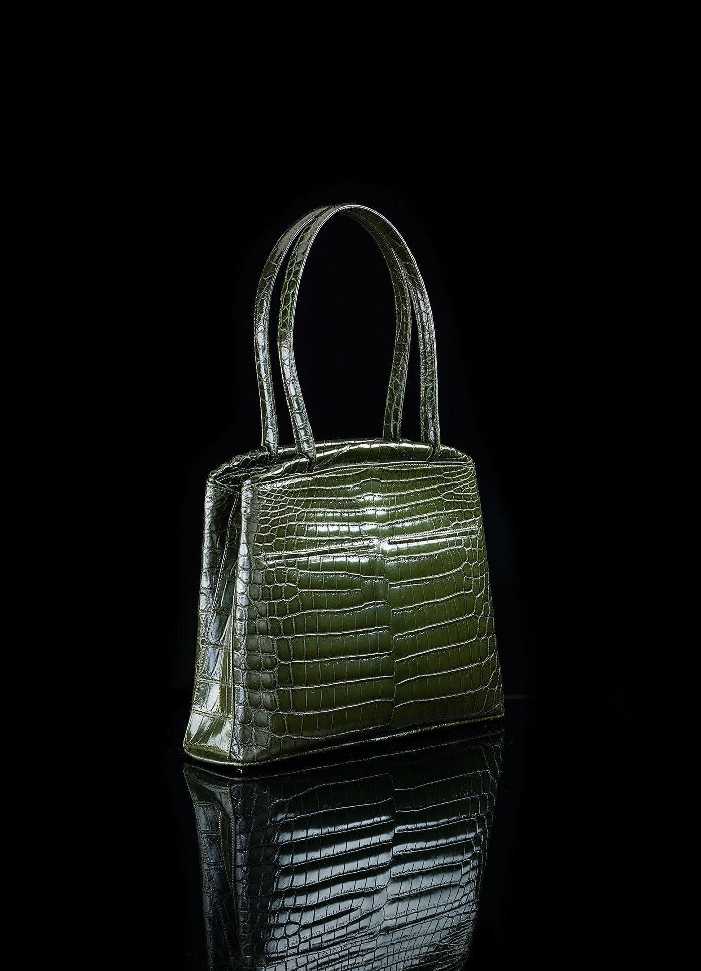 Side view of Dark Green Niloticus Crocodile Crawford Tote - Darby Scott