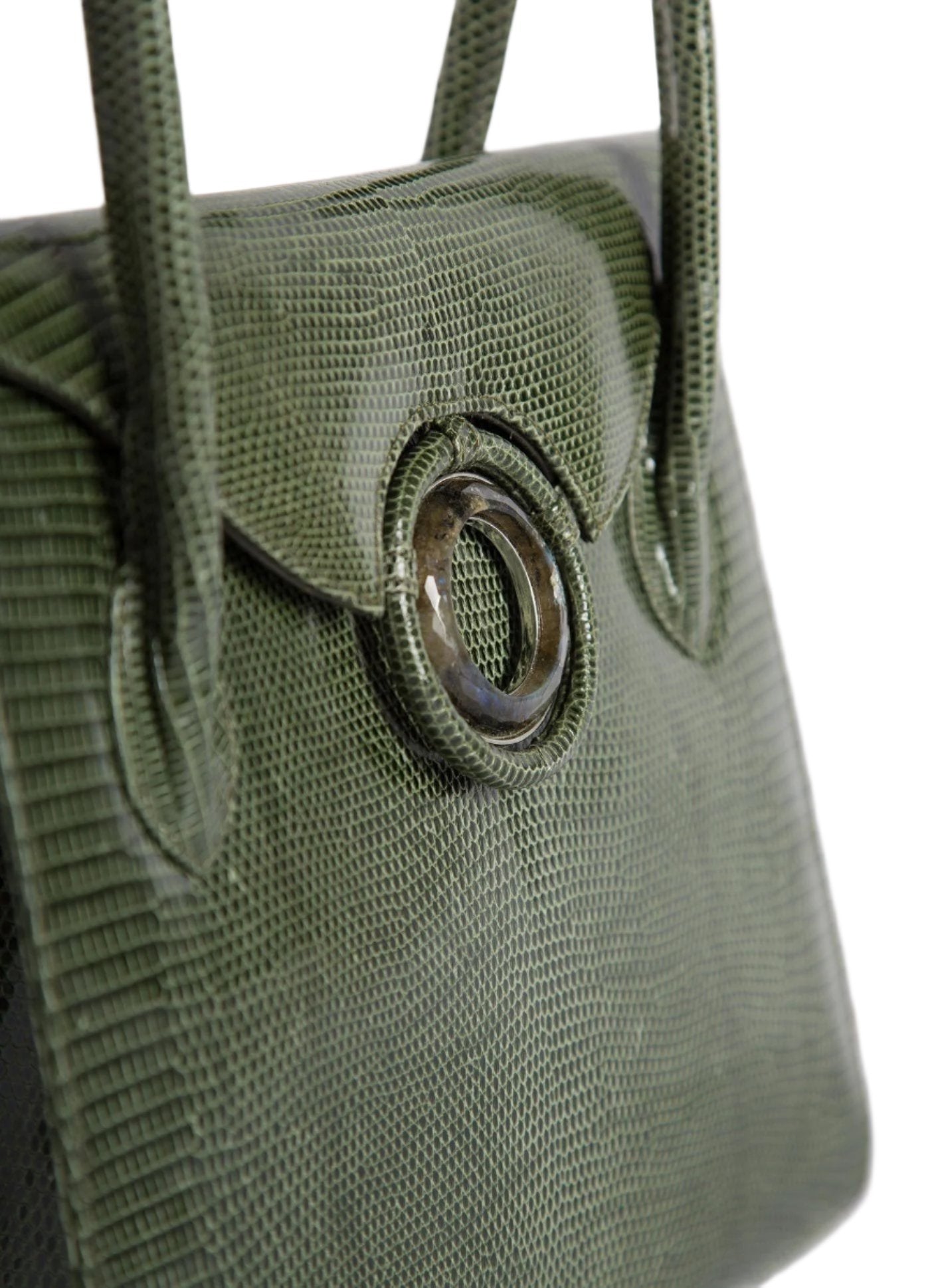 Detail of Labradorite Grommet on Green Lizard  'O' Tote - Darby Scott