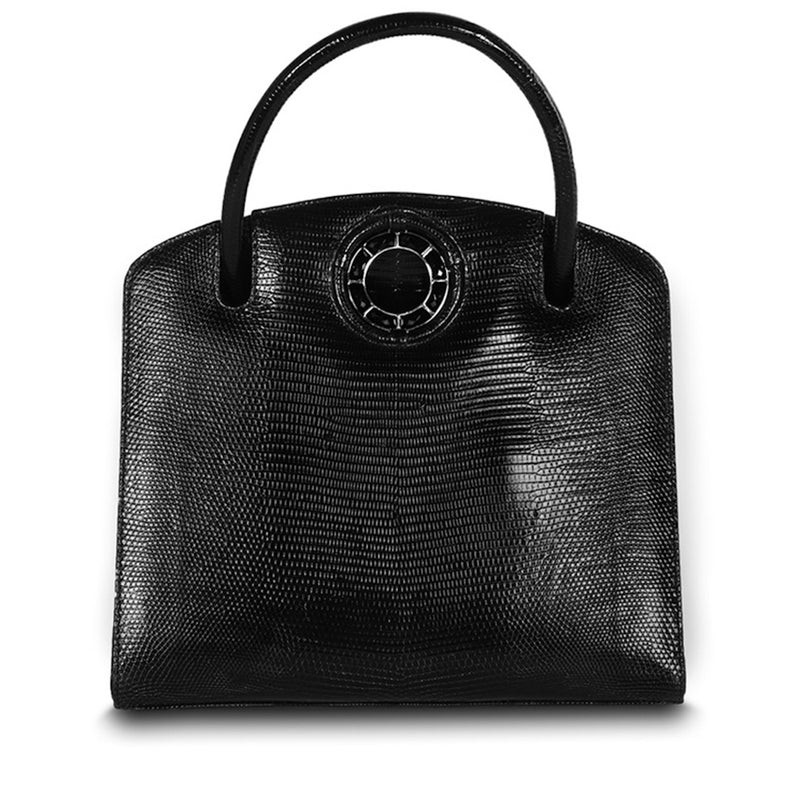 Black Lizard Jeweled Handbag, Annette Top Handle Tote with Black Onyx Gemstones- Darby Scott