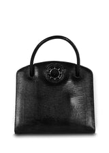 Exotic lizard Annette top handle tote in black with onyx grommet - Darby Scott
