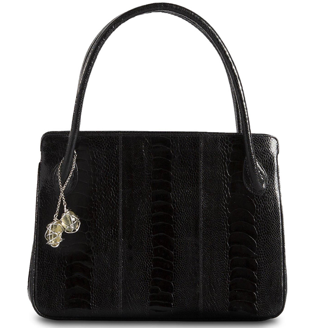 Black Ostrich Leg Blair Open Tote with Silver Accents - Darby Scott