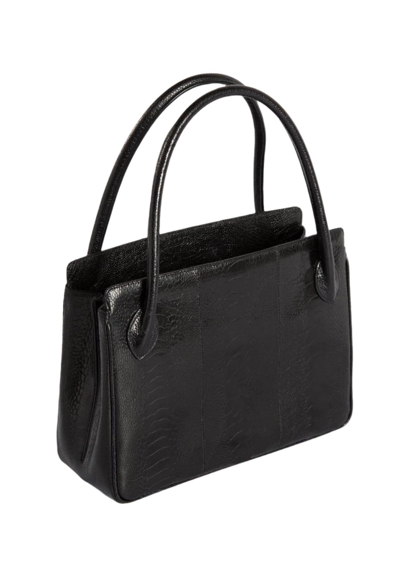 Black Ostrich Leg Blair Open Tote with Silver Accents back view - Darby Scott