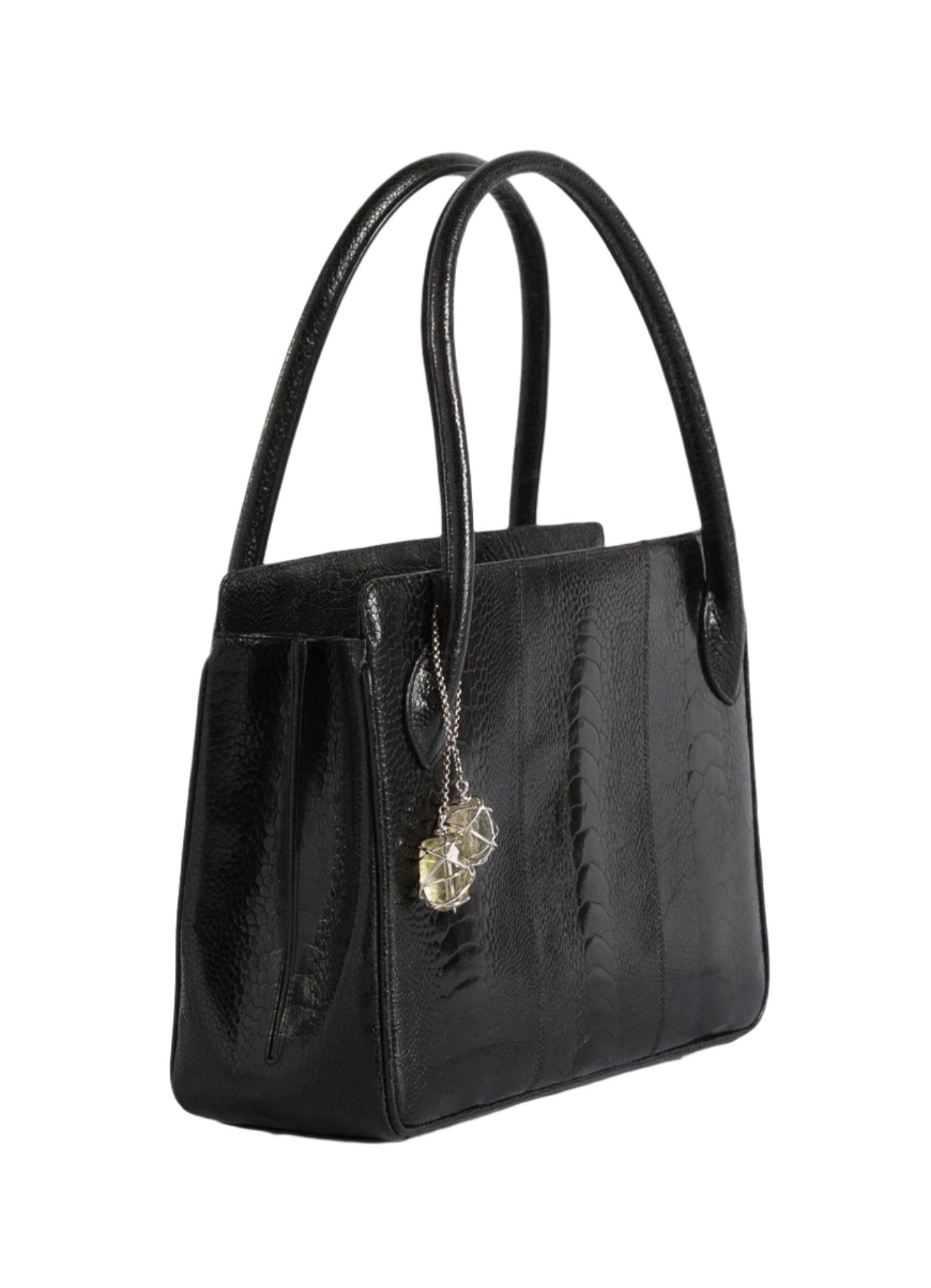 Black Ostrich Leg Blair Open Tote with Silver Accents side view - Darby Scott