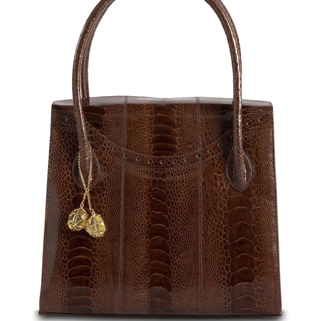 Thompson Tote in Cognac Ostrich Leg with Citrine Fob - Darby Scott