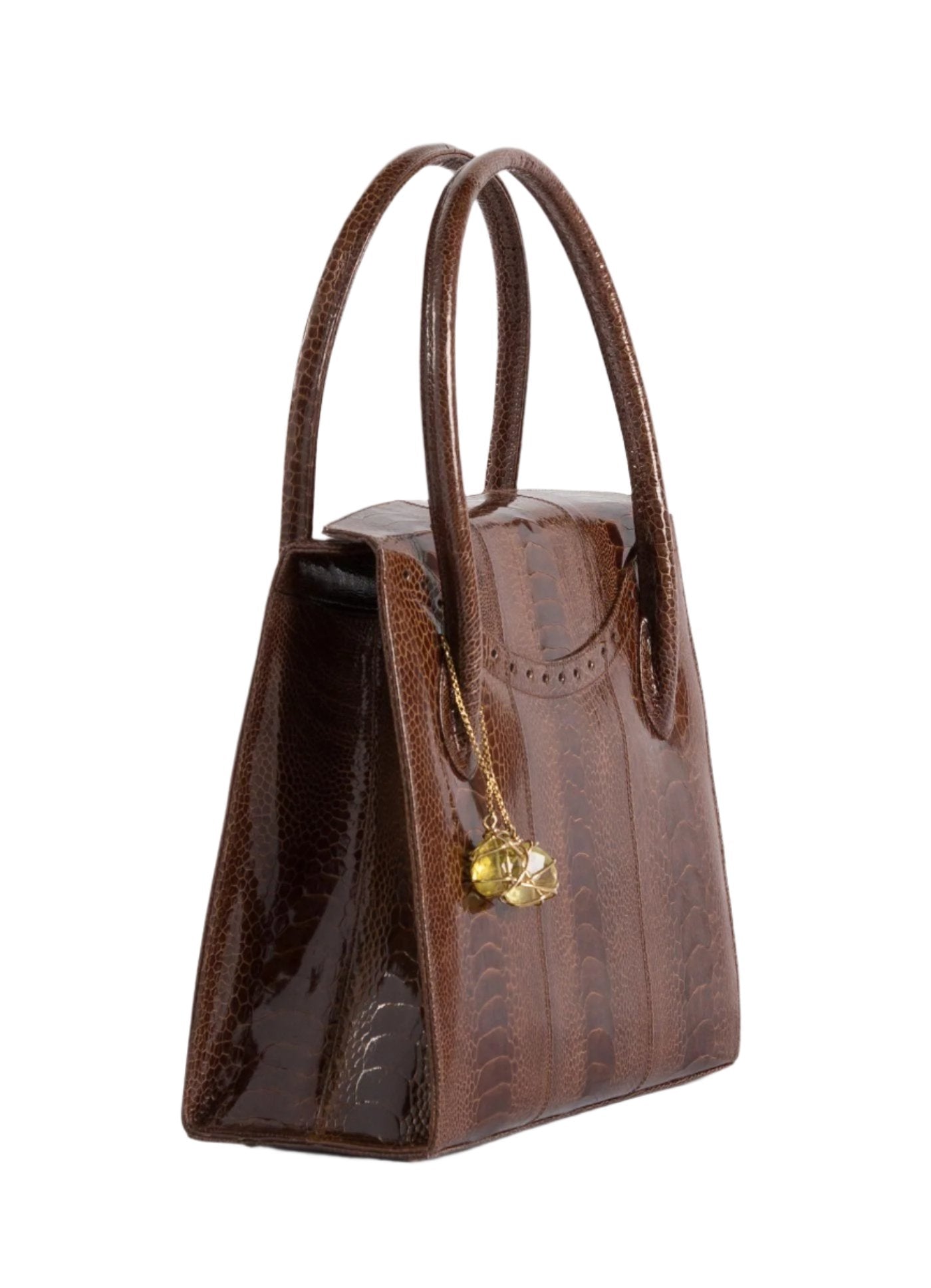 Side of Cognac Ostrich Leg Thompson Tote with Fob - Darby Scott