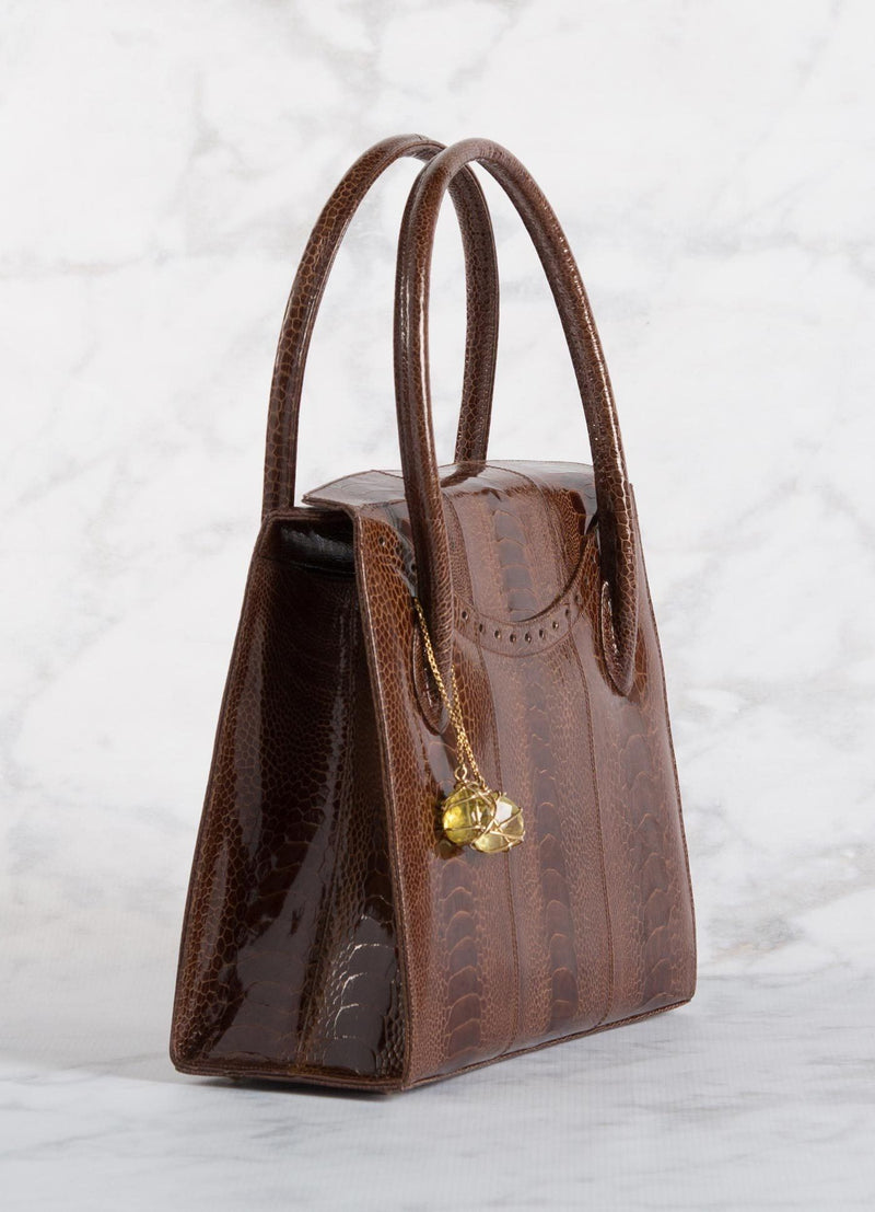 Side of Cognac Ostrich Leg Thompson Tote with Fob - Darby Scott