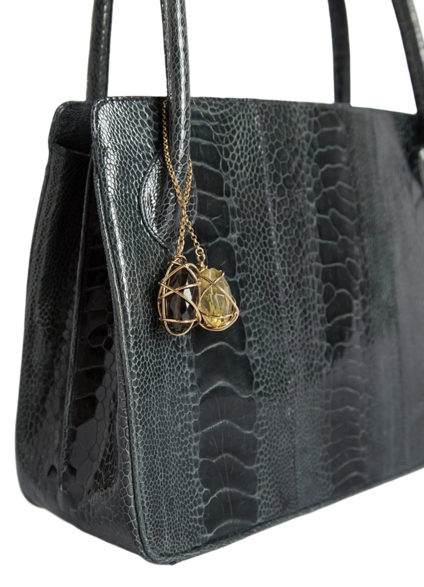 Blair Open Tote Close up of Citrine & Smokey Topaz Fob - Darby Scott