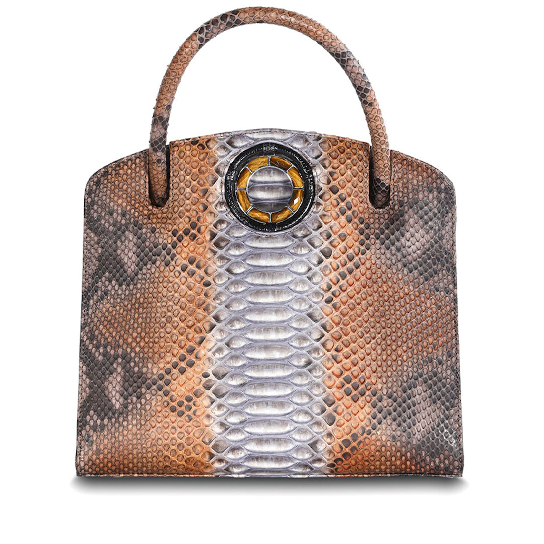 Brown Multi-Color Python Jeweled Handbag, Annette Top Handle Tote with Tiger Eye Gemstones - Darby Scott