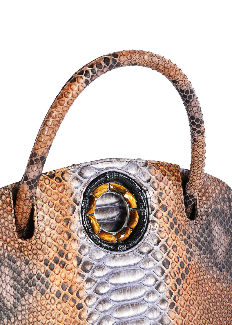 Tiger Eye Grommet Detail on Brown Python Annette Tote - Darby Scott