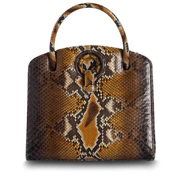 Brown Multi-Color Python Jeweled Handbag, Annette Top Handle Tote with Tiger Eye Gemstones- Darby Scott