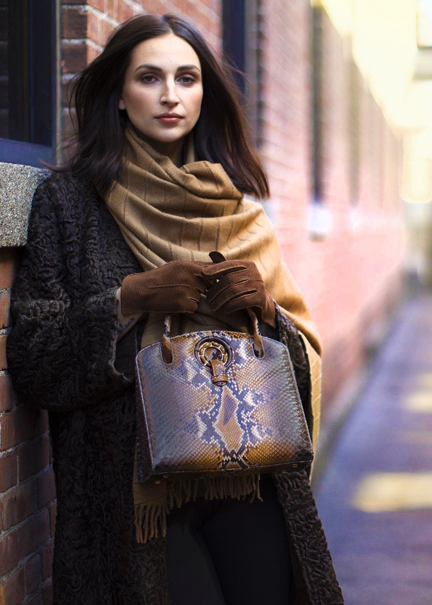 Cognac Annette Top Handle Tote Held by Model - Darby Scott