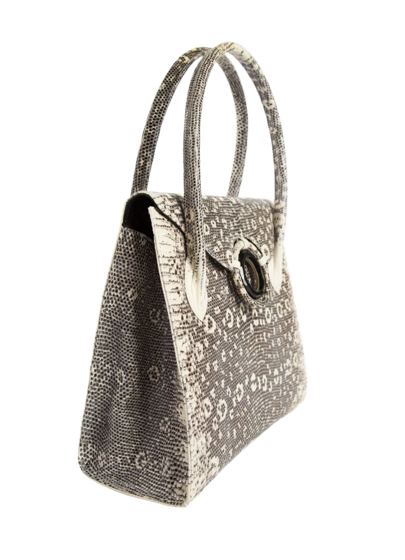 Side of Thompson "O" Tote in Black & White Ring Lizard - Darby Scott