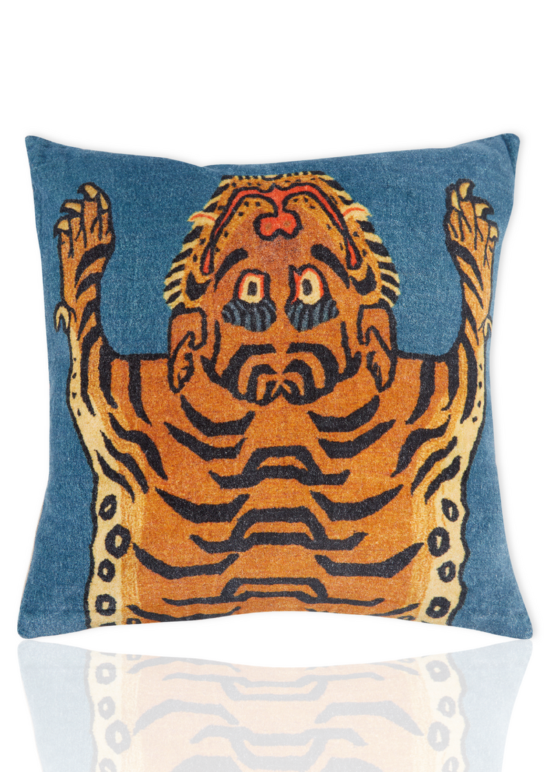 Velvet Pillow with Tibetan Tiger on Blue Background