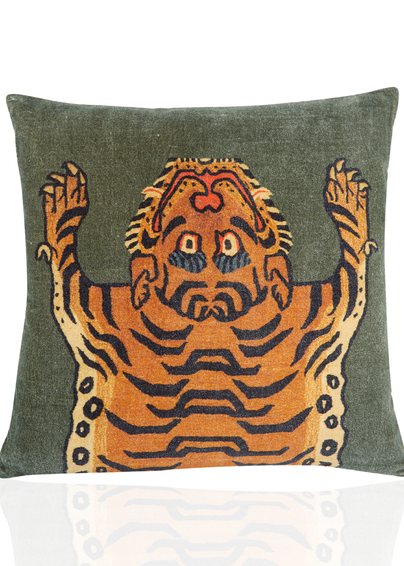 Velvet Pillow with Tibetan Tiger on Green Background