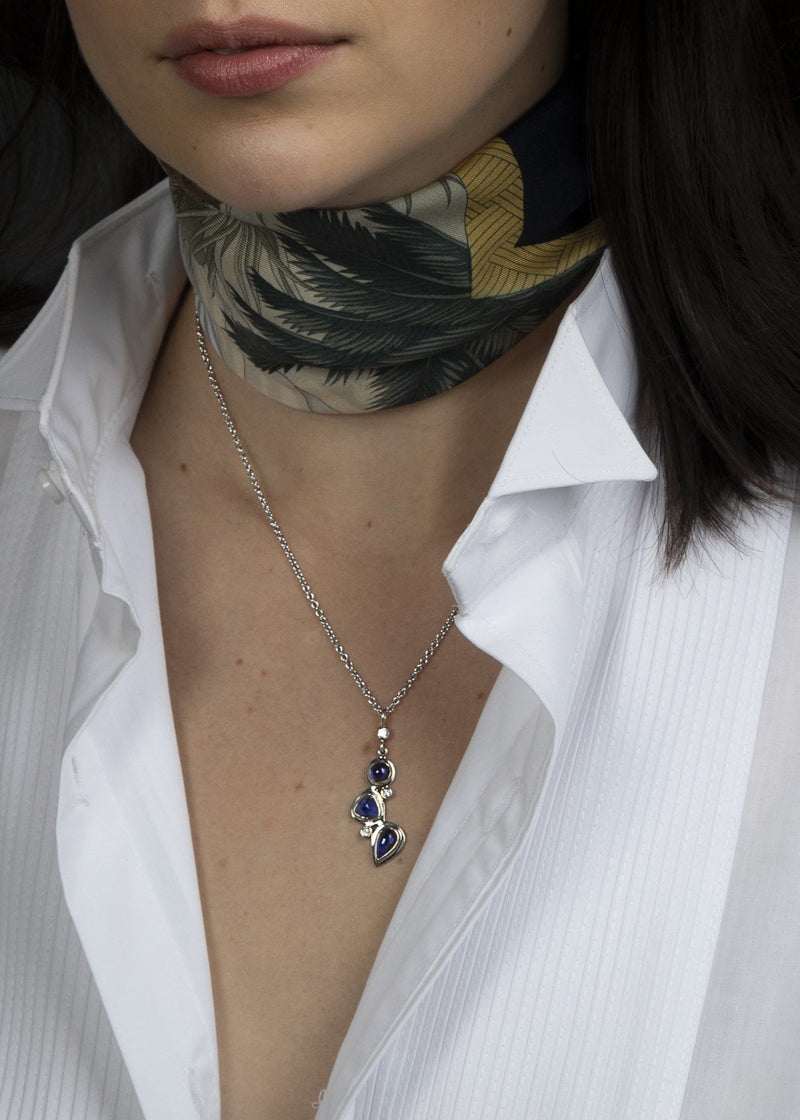 Iolite diamond sterling necklace mosaic 3 stone on model - Darby Scott