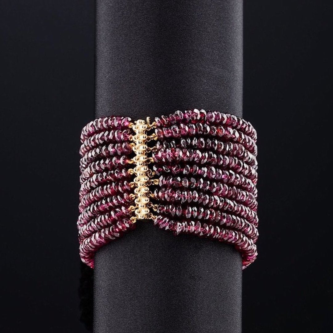 Garnet 9 Strand Bracelet with 14K yellow gold bar clasp - Darby Scott