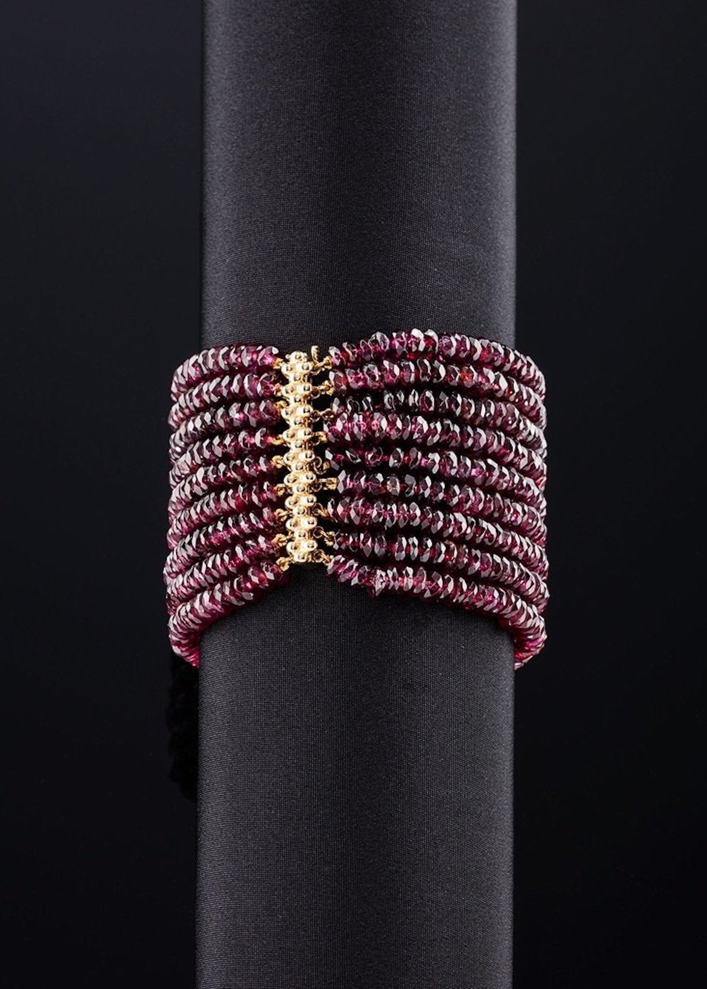 Garnet 9 Strand Bracelet with 14K yellow gold bar clasp - Darby Scott