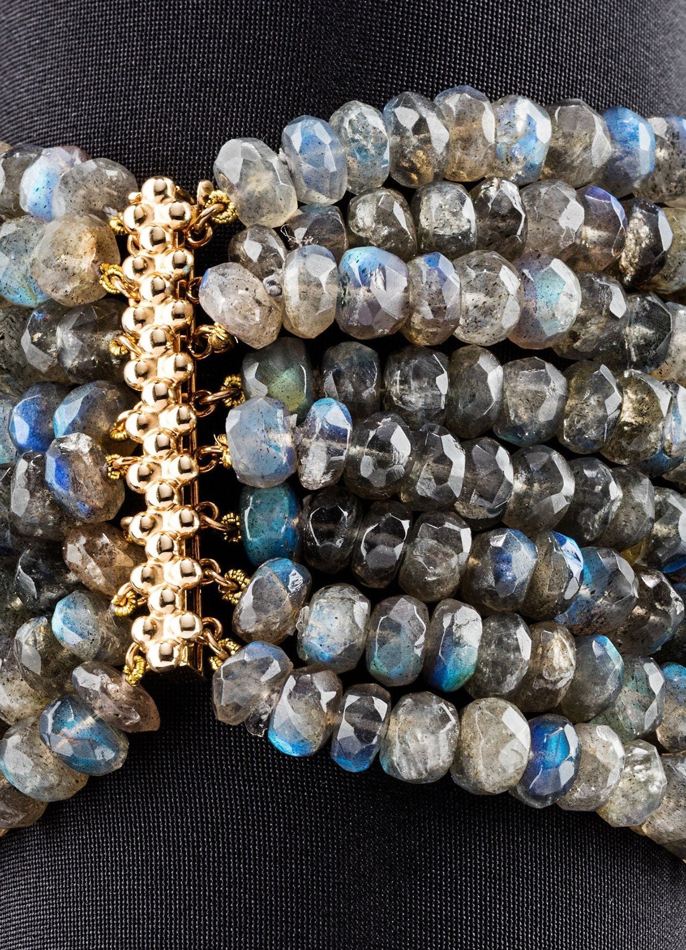 Close up of 14K Gold Bar Clasp on Labradorite Multi Strand Bracelet - Darby Scott