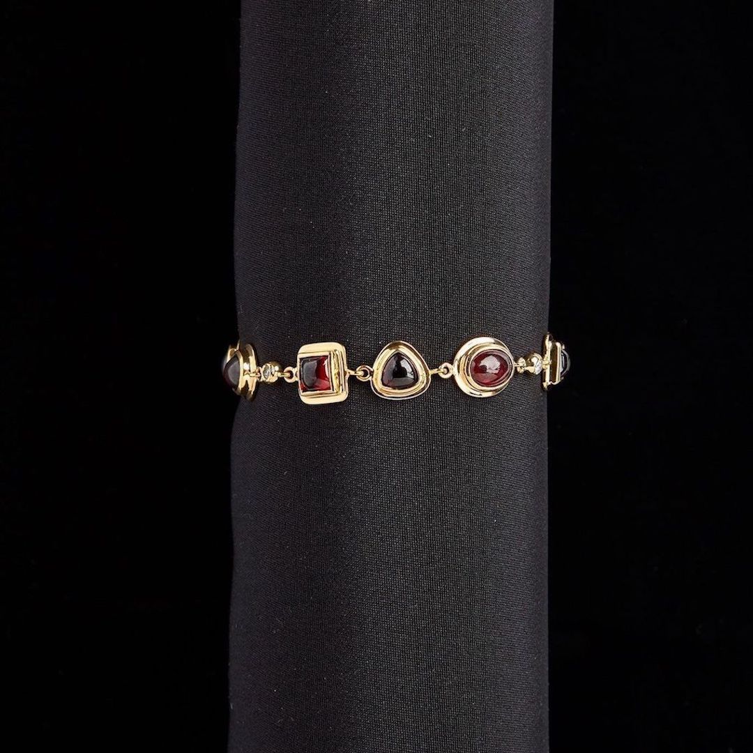 Bezel Set Garnet & Diamond Bracelet in 18K yellow gold - Darby Scott