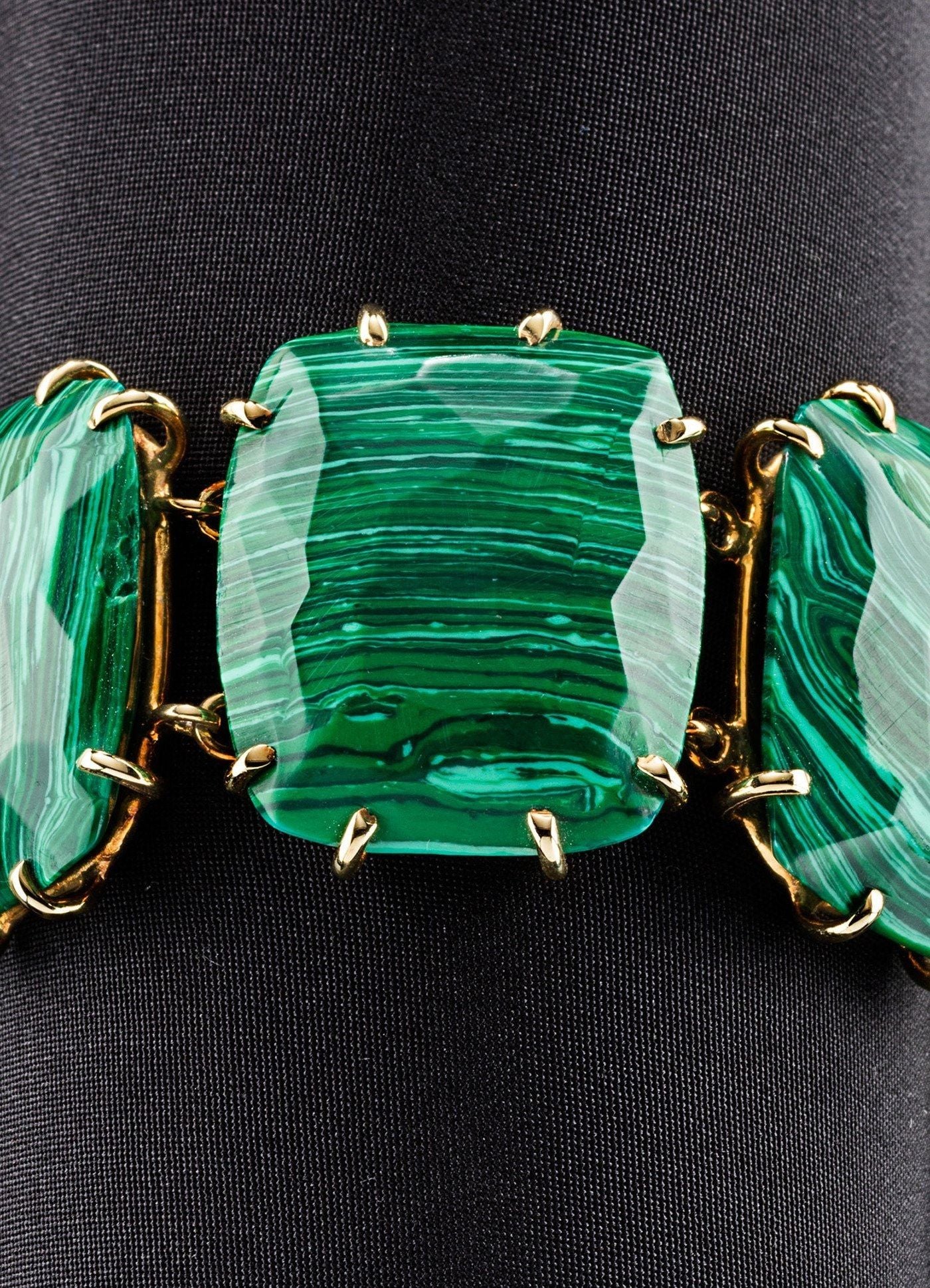 Detail view of prong set Malachite Cabochon Bracelet - Darby Scott