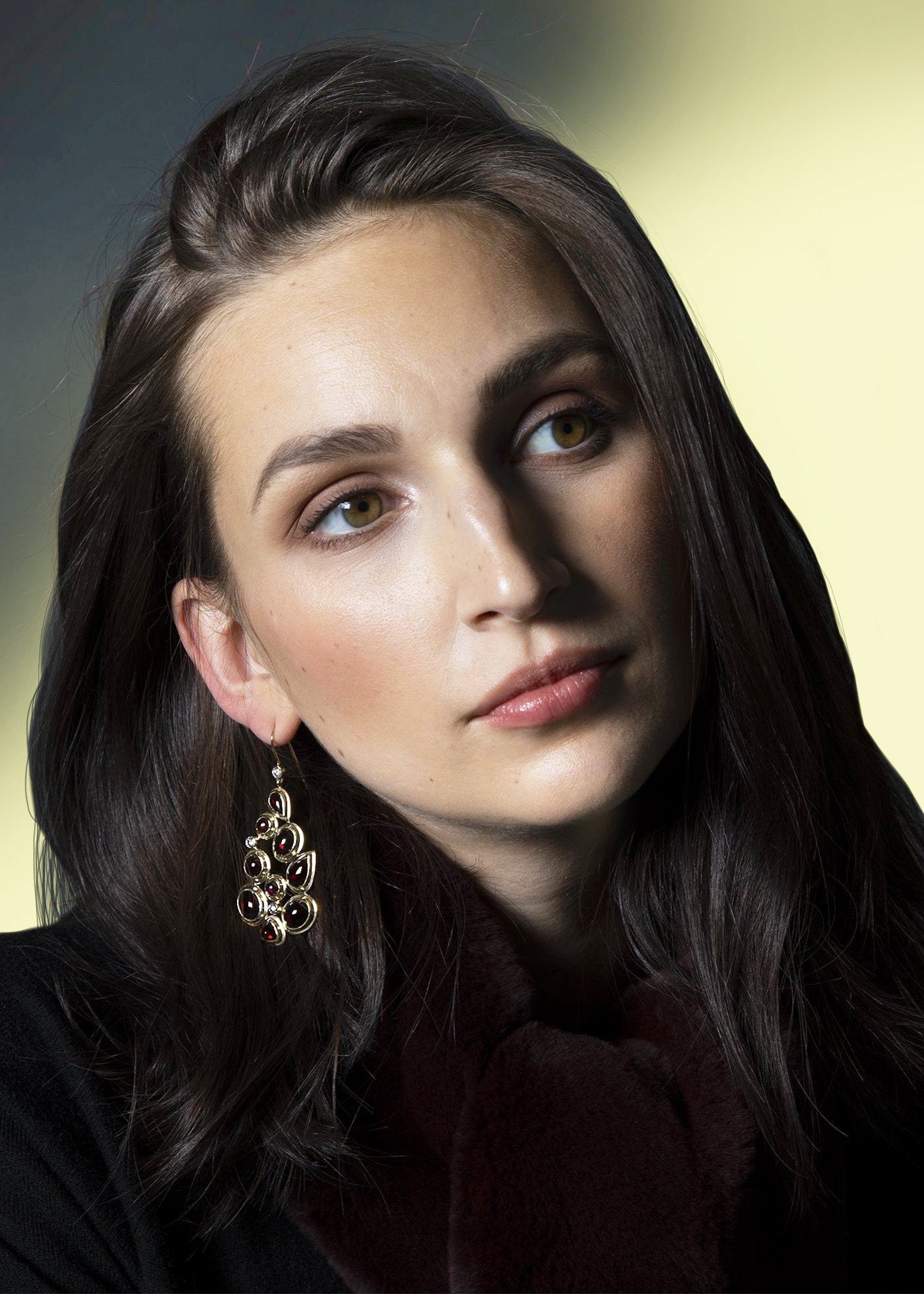 Model with Garnet & Diamond 9 Stone Mosaic Earrings - Darby Scott