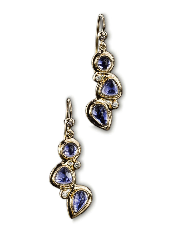 3 stone Mosaic Iolite & Diamond Earrings set in 18K Yellow Gold with french wire backs - Darby Scott