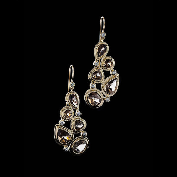 Smokey topaz & Diamond 5 stone mosaic earrings in 18K yellow gold - Darby Scott