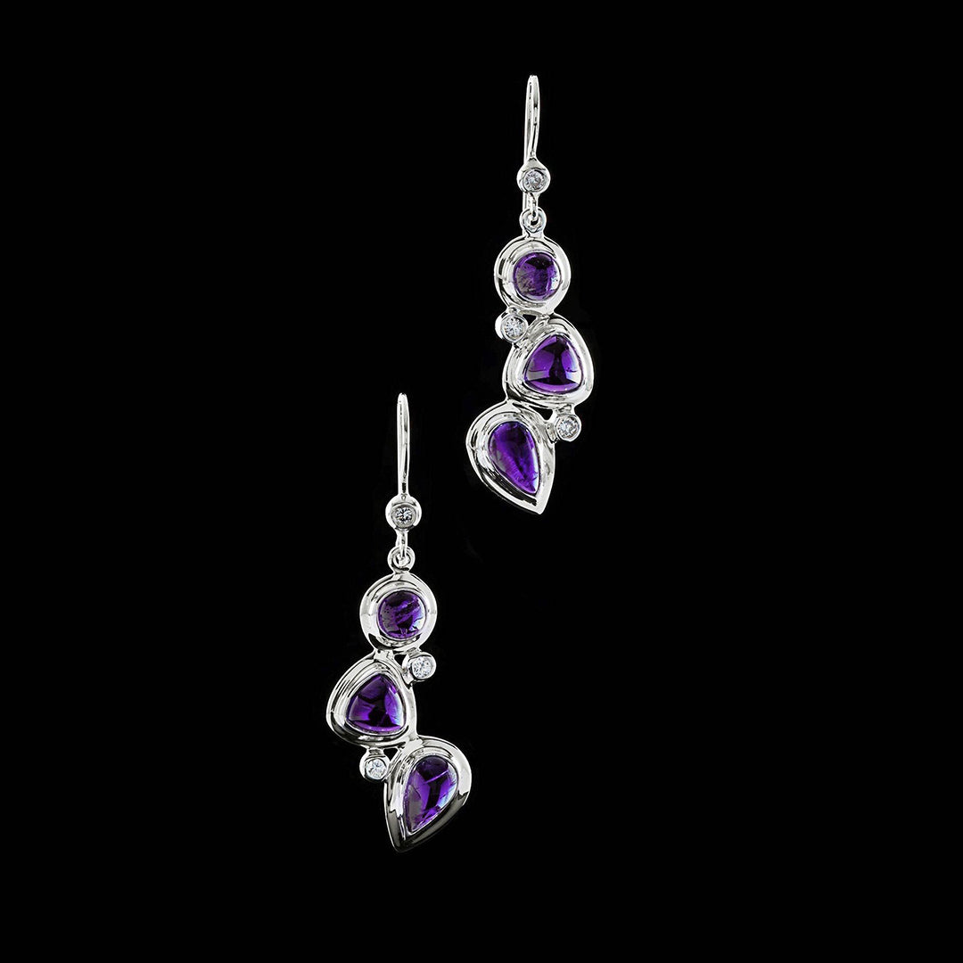 Close up of Mosaic 3 Stone Amethyst & Diamond Earrings- Darby Scott  