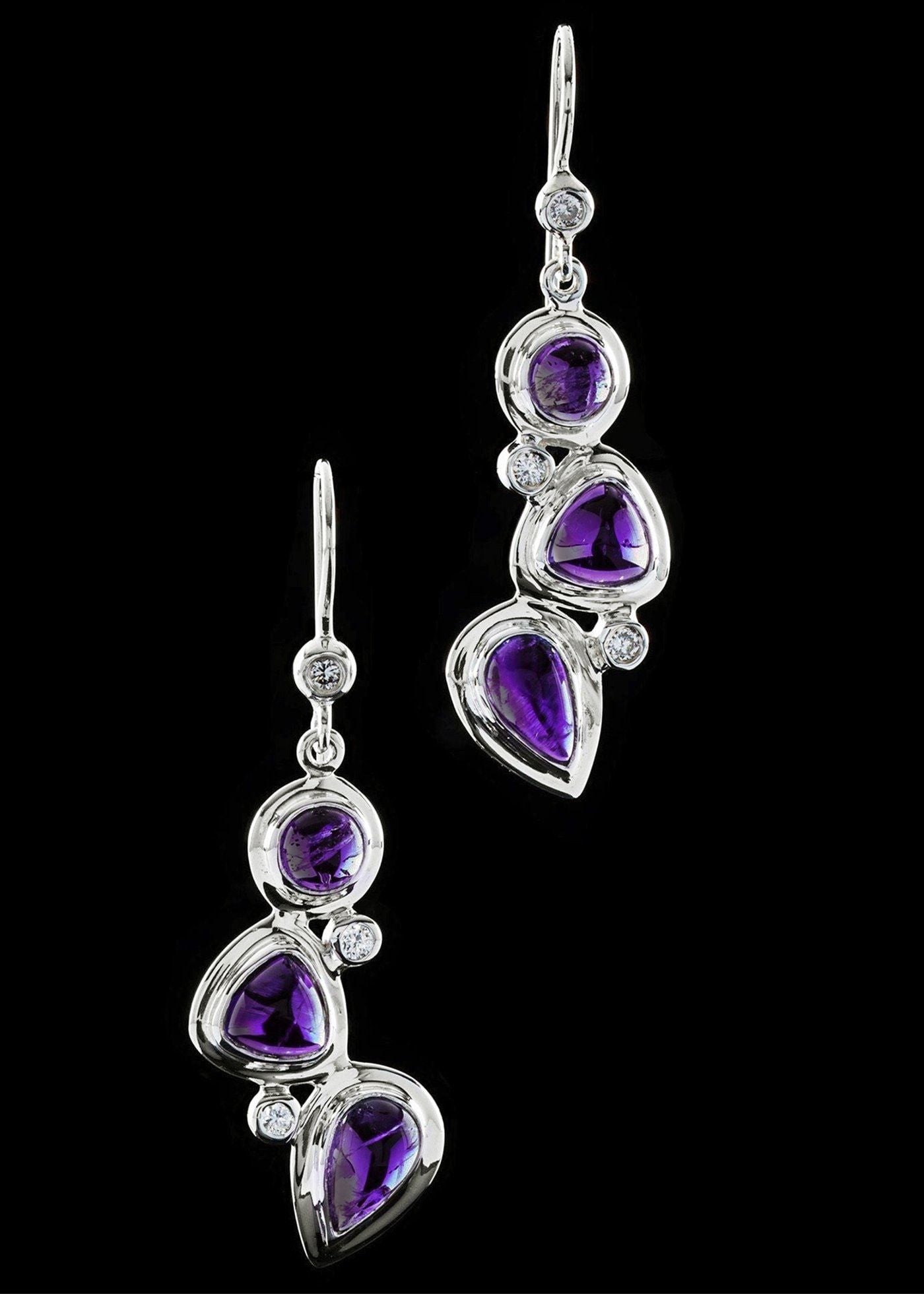 Close up of Mosaic 3 Stone Amethyst & Diamond Earrings- Darby Scott