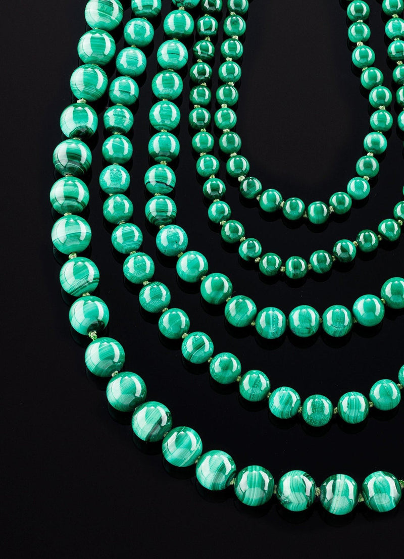 Close up of Malachite beads on Five Strand Necklace - Darby Scott